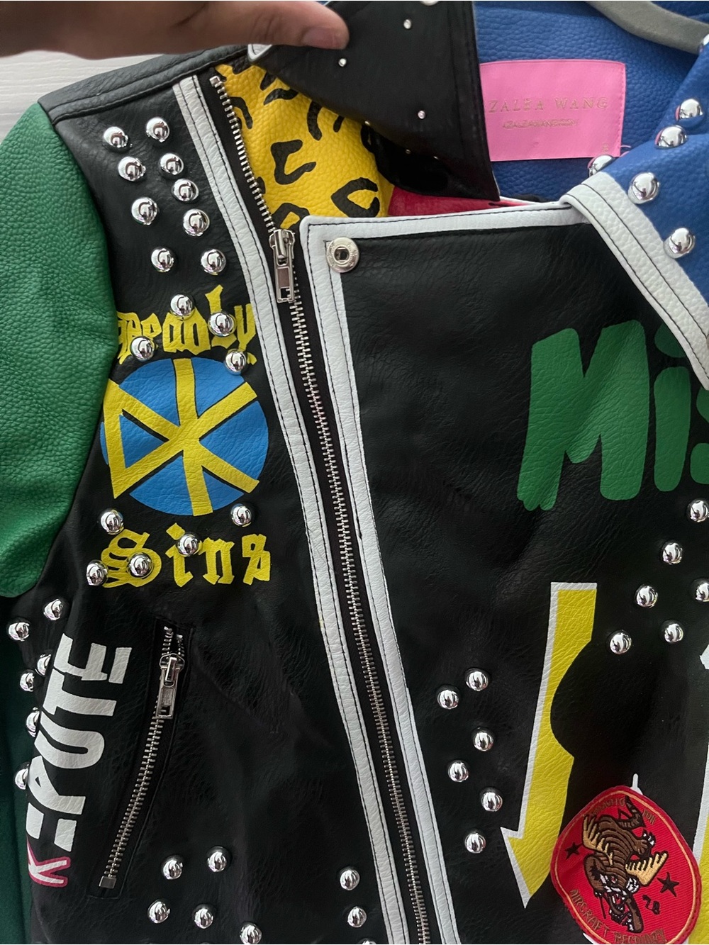 Kids Studded Graphic Leather Jacket - Black & Green